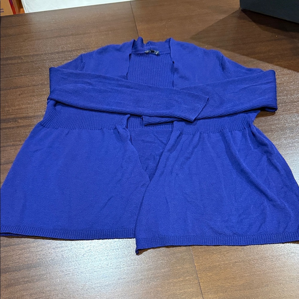 Eileen Fisher Blue 100% Wool Ribbed Peplum Open Front Cardigan
